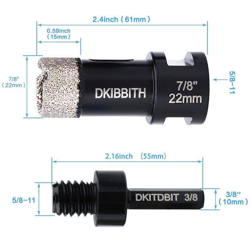 DKIBBITH Dry Diamond Core Drill Bits 7/8 Inch, 22mm Tile Hole Saws for Porcelain Ceramic Tile Granite Marble Stone Brick, Diamond Hole Saw with 5/8-11 Thread and 3/8inch Hex Shank - Image 2